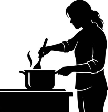 Female chef stirring hot steaming soup inside boiling pot on kitchen stove silhouette.