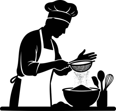 Male chef sifting flour into mixing bowl with kitchen utensils vector silhouette graphic.