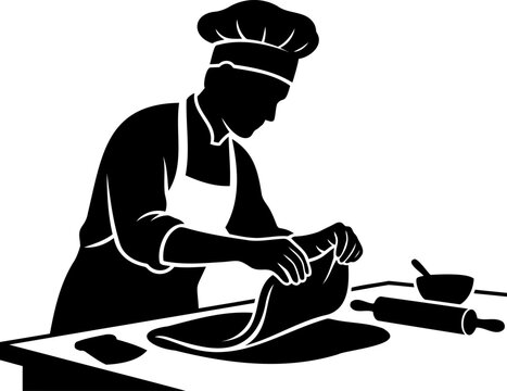 Male baker rolling out fresh dough on kitchen table silhouette vector graphic illustration.