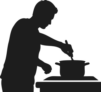 Silhouette of man cooking food in a kitchen pot on stove using a large wooden spatula.