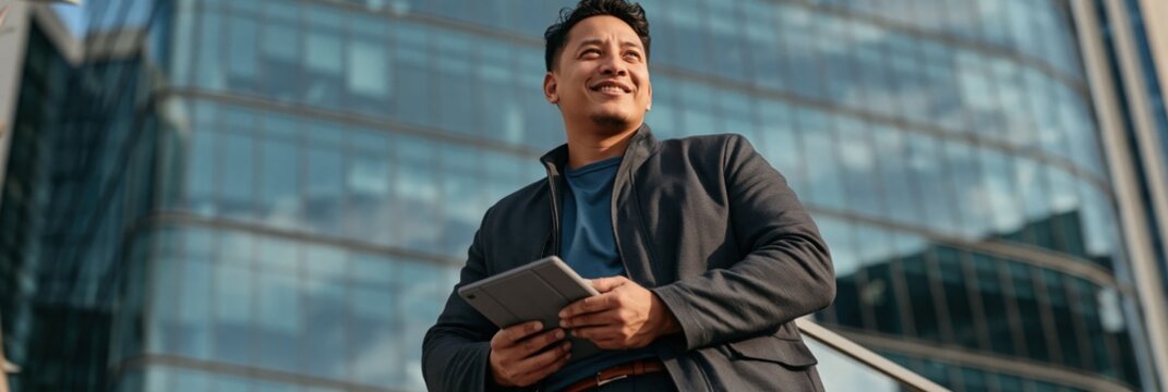 Young businessman with tablet in front of glass office tower for corporate banner background and modern business design
