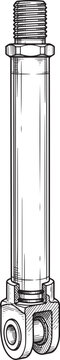 Technical drawing of a metal piston rod with a threaded top and a clevis end for industrial machinery and mechanical engineering applications