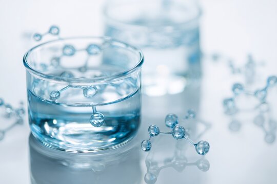 Scientific glass beaker with blue liquid and molecular structures. Hyaluronic acid or chemical research concept. Medical and cosmetic laboratory background