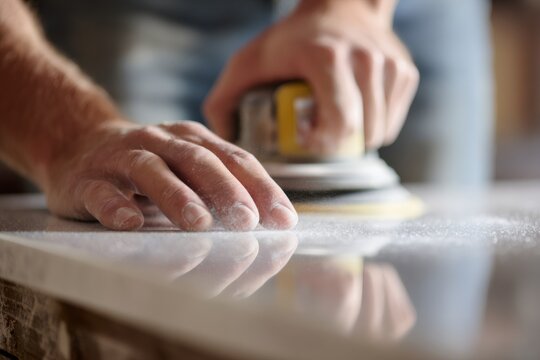 Worker using power sander on stone countertop. Polishing granite surface with electric tool during installation