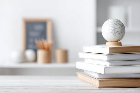 Small globe on top of a stack of books. Education and geography concept in a classroom setting