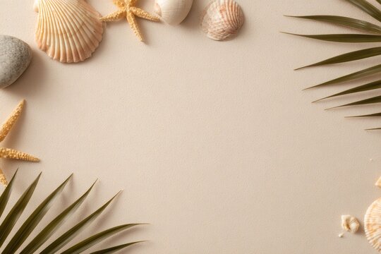 Summer beach background with seashells starfish and green palm leaves on sand. Tropical flat lay frame with copy space