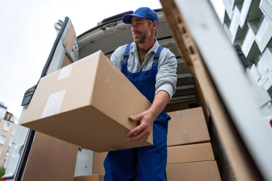Low angle view of a professional mover loading a cardboard box into a delivery van. Male worker in blue overalls carrying a package during relocation