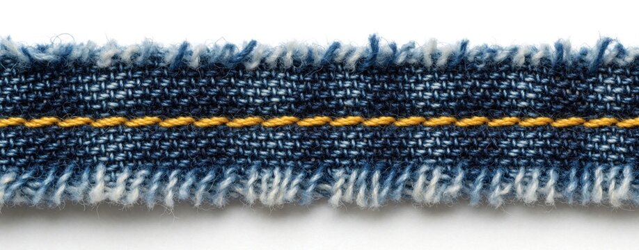 Blue denim fabric strip with frayed edges, yellow stitching on white background. Close up macro view of jean textile material. Detail of heavy cotton twill with torn hem, golden thread for fashion
