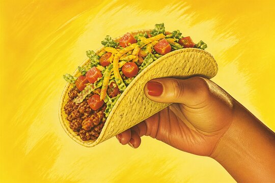 Hand holding hard shell taco against bright yellow background