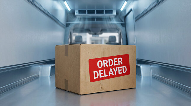Order Delayed package in refrigerated delivery truck, cold chain logistics and shipping disruption concept
