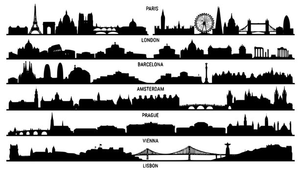 European Cities Skyline Collection with Famous Landmarks Black and White Vector Illustration