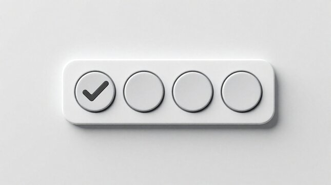 Close up of white rectangular panel with four round buttons. First button shows black checkmark icon for selection. Minimalist user interface component for app design software control. Simple digital