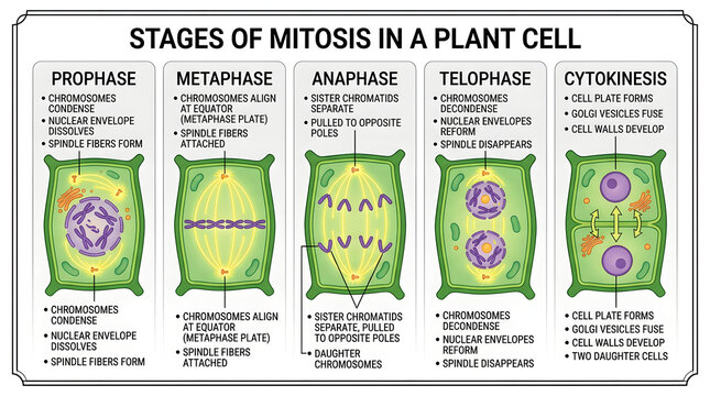 Educational chart illustrating the five stages of mitosis in plant cells
