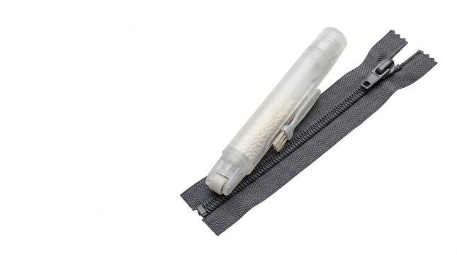 Zipper lubricant pen and cleaning brush on grey zipper