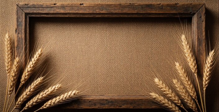 Rustic wooden frame with golden wheat ears on burlap texture. Empty brown space for text in center. Natural autumn harvest background with organic farm elements. Vintage style decor for country