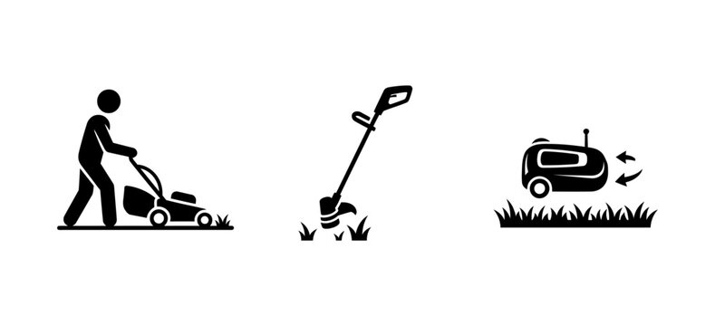 Lawn care and grass maintenance icons featuring a gardener using different equipment grass cutting lawn mower yard work icon set black icon maintenance service gardening gardener