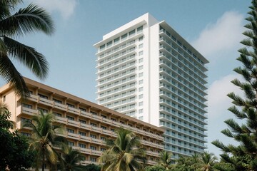 Naklejka premium Modern white high rise hotel building stands next to old brown apartment complex. Tropical palm trees, plants surround luxury accommodation. Contrast between contemporary architecture, classic motel