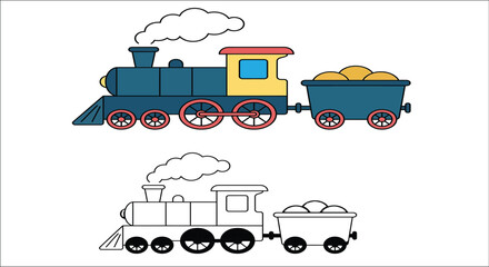 A colorful steam locomotive with a coal car and a black and white outline version is displayed © craft box