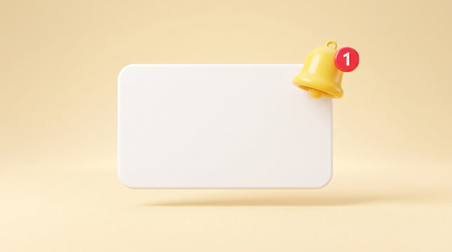3d render of a blank white rectangular message board with a yellow notification bell icon and a red alert badge with the number one