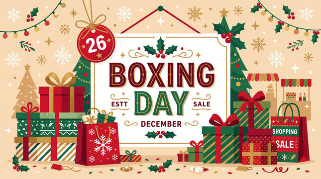 Boxing day sale banner with gift boxes, shopping bags, and festive holiday decorations on a beige background