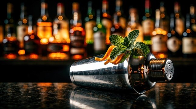 Stainless steel cocktail shaker sits on dark bar counter with fresh mint, orange peel garnish. Blurred liquor bottles create bokeh background in dim moody pub. Professional bartender equipment for