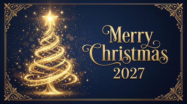 Elegant merry christmas 2027 greeting card with a glowing golden abstract christmas tree and ornate vintage frame on a dark blue background
