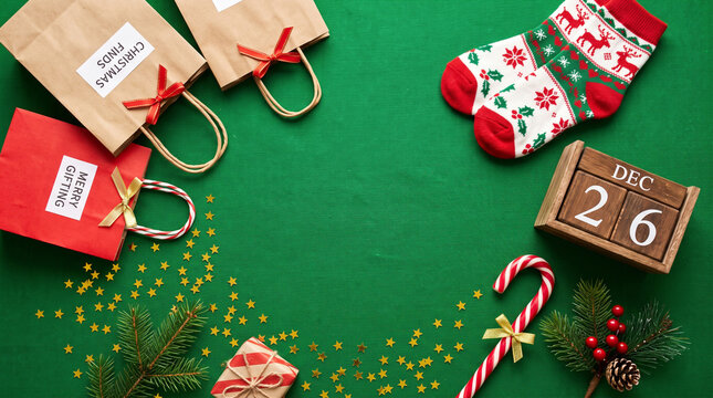 Christmas flat lay with gift bags, socks, candy cane, and wooden calendar showing december 26th on a green textured background