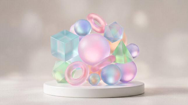 Abstract composition of translucent 3d geometric shapes in pastel colors arranged on a circular white pedestal against a soft blurred background