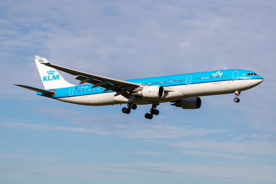 KLM Airbus A330-300 (PH-AKD) landing at Amsterdam Airport on July 4, 2017 in Amsterdam, Netherlands