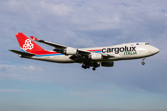 Cargolux Italia Boeing 747-400F (LX-TCV) landing at Amsterdam Airport on July 4, 2017 in Amsterdam, Netherlands
