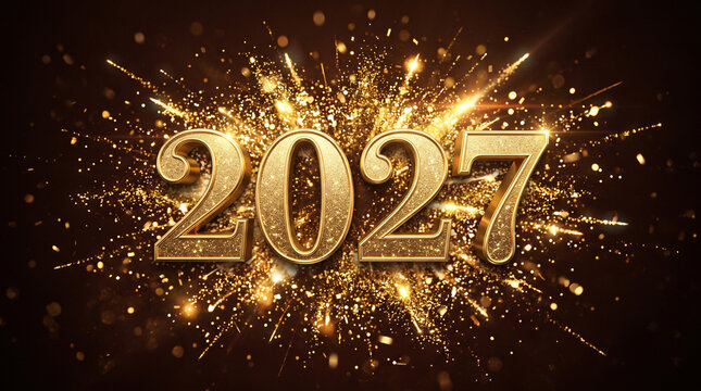 Golden 2027 numbers with sparkling fireworks background, festive new year celebration concept, luxury 3d typography for holiday greeting card design