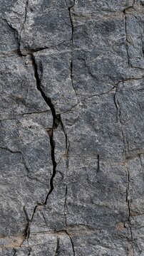 Natural rough dark gray cracked rock surface with jagged fractures and textured stone formations suitable for geological and construction backgrounds