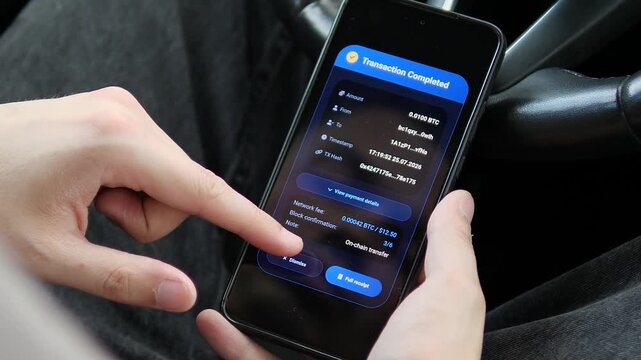 Person reviews a completed cryptocurrency transfer on a smartphone, highlighting blockchain payments, digital finance, transaction security and growing adoption of decentralized money.