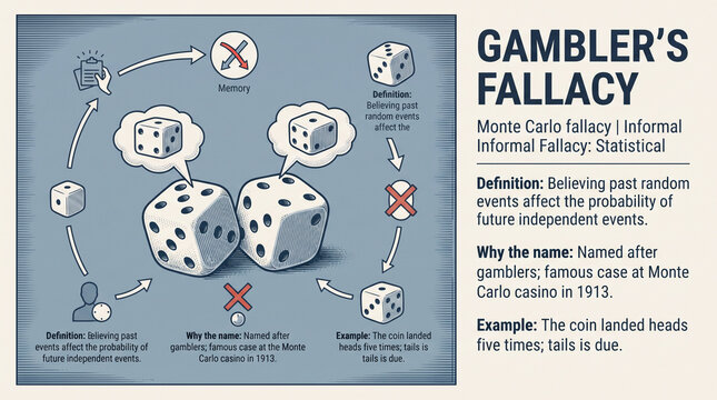 Infographic diagram illustrating the Gambler's Fallacy concept with floating dice icons, memory clouds, arrows showing process flow, and explanatory text blocks on a light blue background