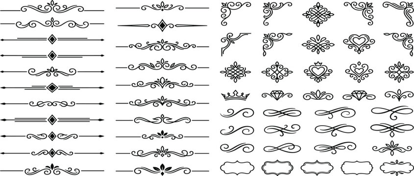 Vintage vector set of ornate frames with old letters and numbers in decorative calligraphic style