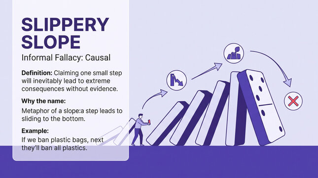 Infographic illustration of slippery slope fallacy concept showing dominoes falling down a blue gradient incline with text overlay