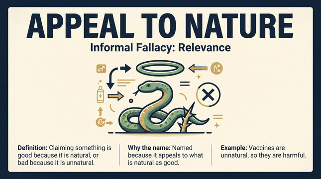Infographic illustration of the Appeal to Nature fallacy concept featuring a coiled green snake on a beige background with arrows, icons, and text labels