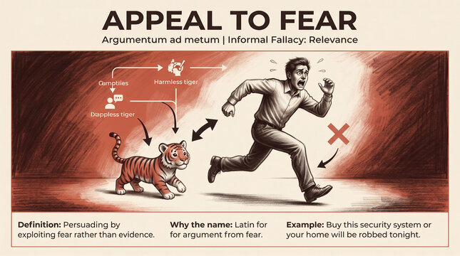 Infographic illustration depicting 'Appeal to Fear' fallacy, showing a running man reacting to a harmless tiger and dappless tiger concepts