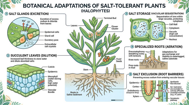 Botanical diagram explaining adaptations of salt-tolerant plants with halophytes