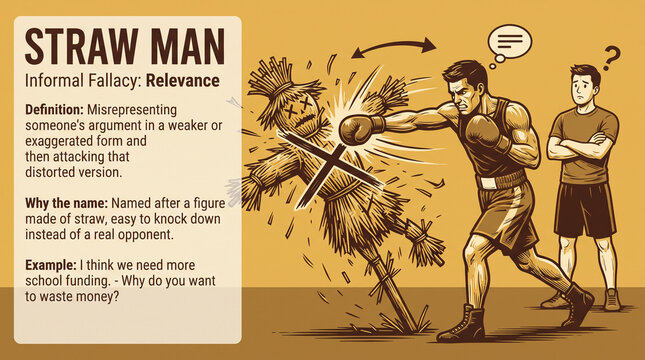 Cartoon illustration of straw man fallacy concept showing muscular man attacking exaggerated straw figure while another observes on brown ground