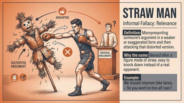 Cartoon illustration of a man physically fighting a straw man representing an argument fallacy, symbolizing distorted debate tactics in orange tones