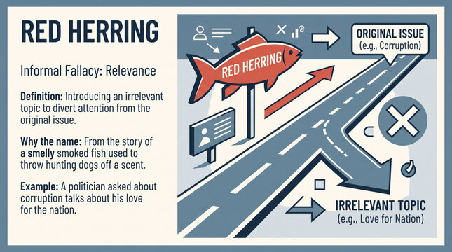 Infographic illustration depicting the Red Herring fallacy concept, showing an irrelevant topic diverting attention from the original issue on a winding road.