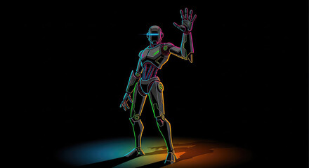 Fototapeta premium Futuristic robot waving hand against black background