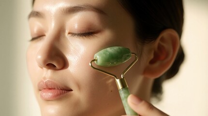 Obraz premium Young Asian woman uses green jade roller for facial massage. Beautiful female performs skincare routine in spa home. Skin massage tool helps lymphatic drainage, relaxation. Healthy glowing skin at