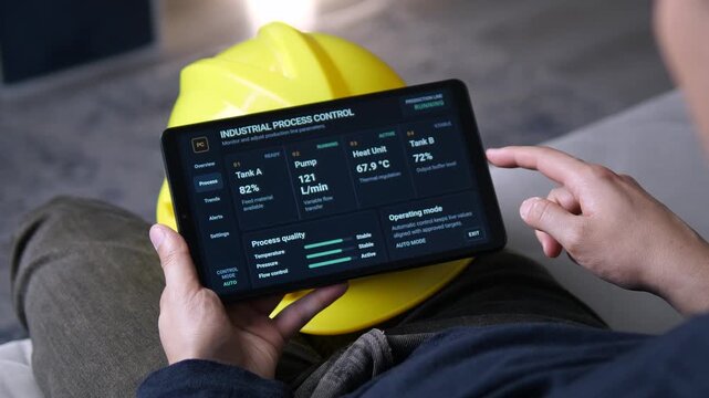 Technician monitors a live industrial process dashboard on a tablet, capturing the momentum of smart manufacturing, automated control and data-led factory performance.
