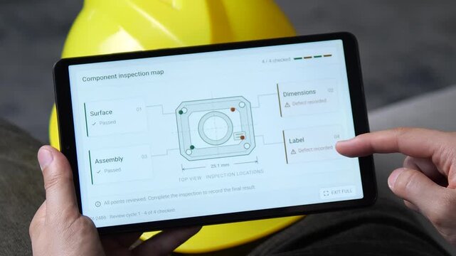 Technician reviews digital quality inspection results on a tablet, revealing recorded defects and passed checks in a modern manufacturing quality control workflow.