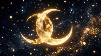 Obraz premium Golden crescent moons dance in dark cosmos. Two glowing lunar orbs spiral through starry space galaxy with sparkling dust. Magical celestial bodies shine amidst twinkly light, cosmic nebulae.