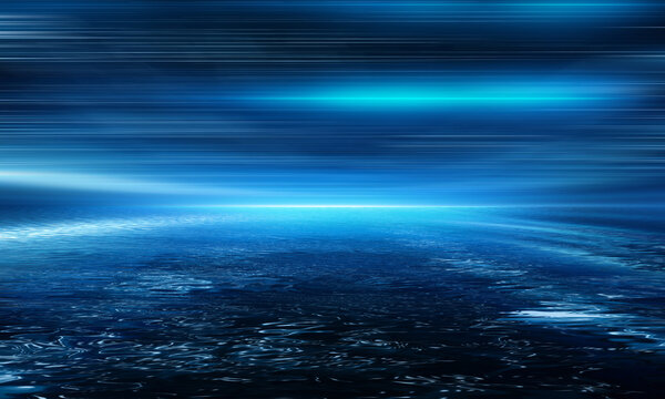 Abstract digital background with blue data grid horizon and glowing neon light curves 3d render