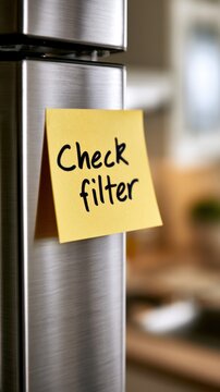 Yellow reminder note attached to a modern stainless steel appliance urging to check the filter in a cozy kitchen environment
