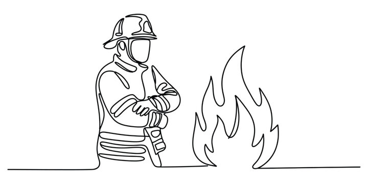Firefighter in uniform standing with arms crossed next to a burning flame drawn in a continuous single line art style illustration for emergency design